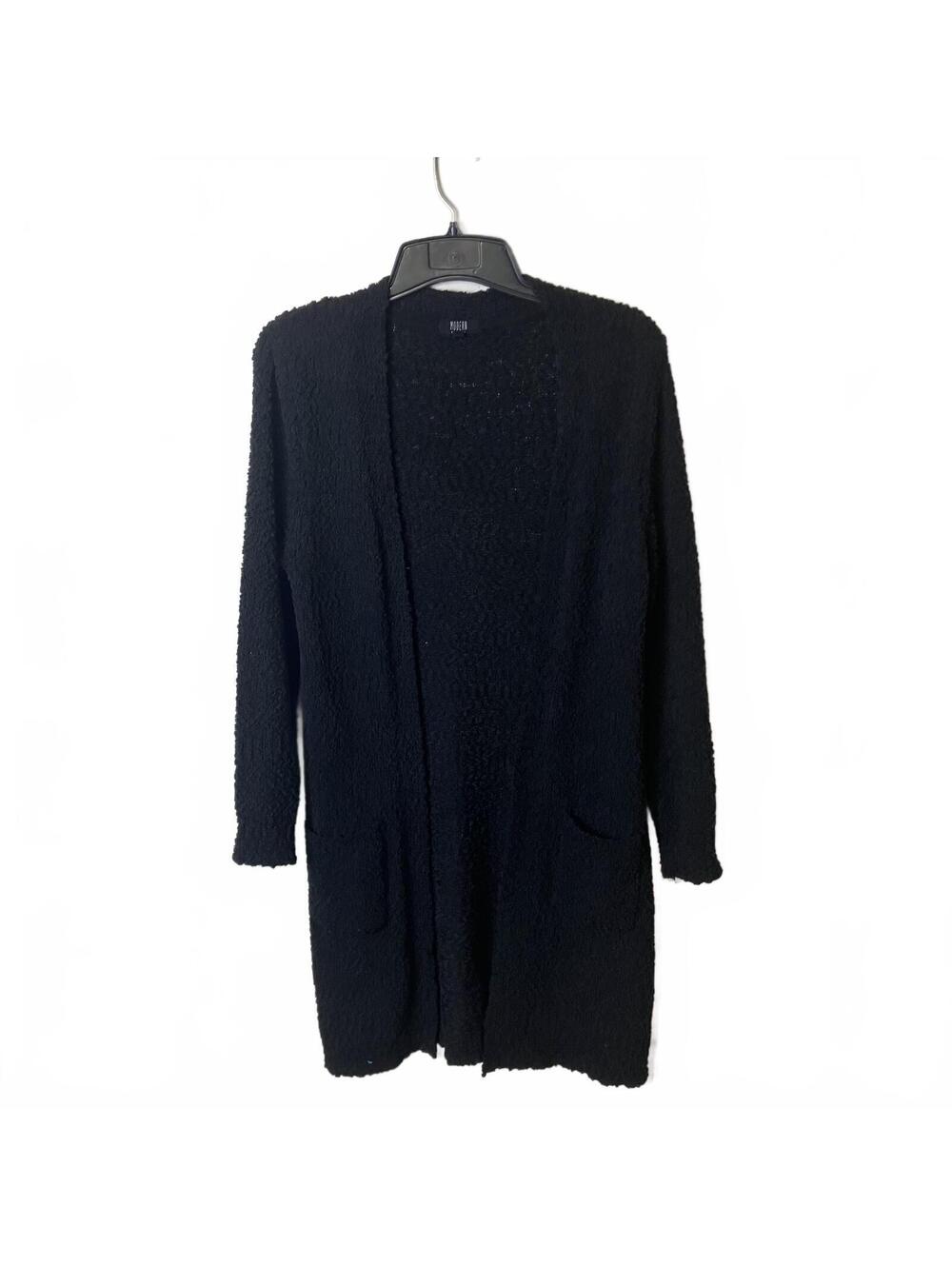Modern Chunky Black Textured Open-Front Pockets Cardigan Sweater Women's Medium